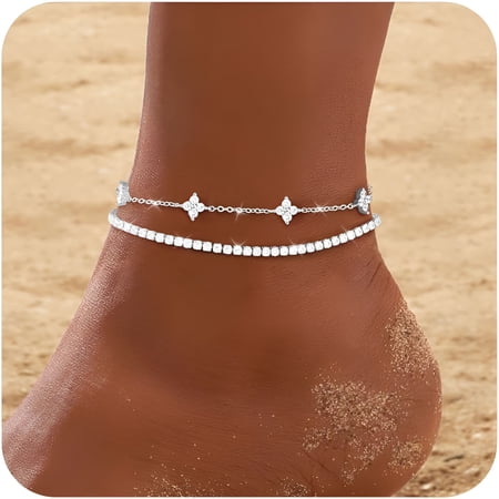 DESIGNICE Gold Silver Anklets for Women Ankle Bracelet 14K Gold Plated Waterproof Layered Stackable Tennis Dot Chain Anklet Trendy Summer Beach Foot Jewelry