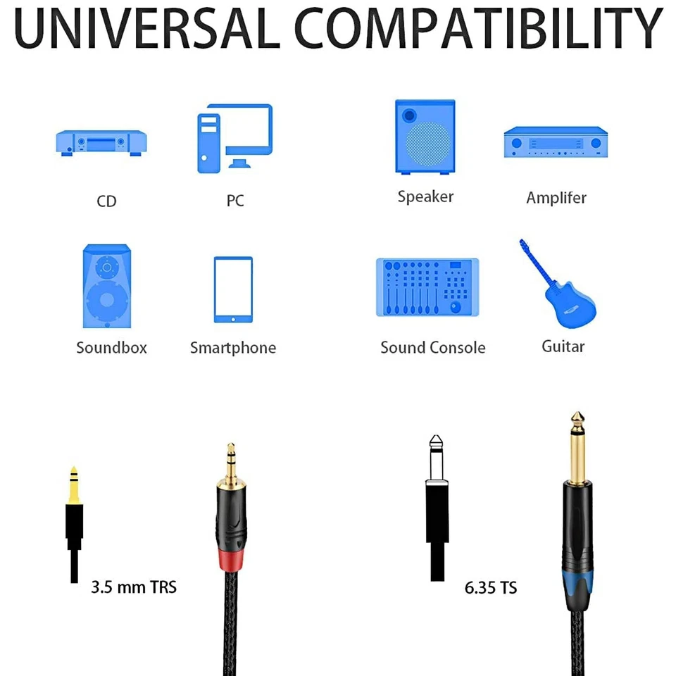 Jomley 1/4 Mono To 1/8 Stereo Cable, 1/8 Inch (3.5 Mm) Trs Stereo To 1