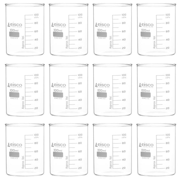 12PK Tall Form Beakers Without Spout, 100mL - Graduated - Borosilicate Glass - Berzelius Beakers - Eisco Labs