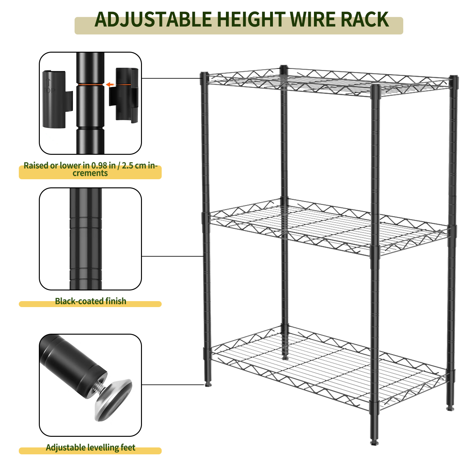 TAIMASI 3-Shelf Adjustable Wire Rack, Black photo 4