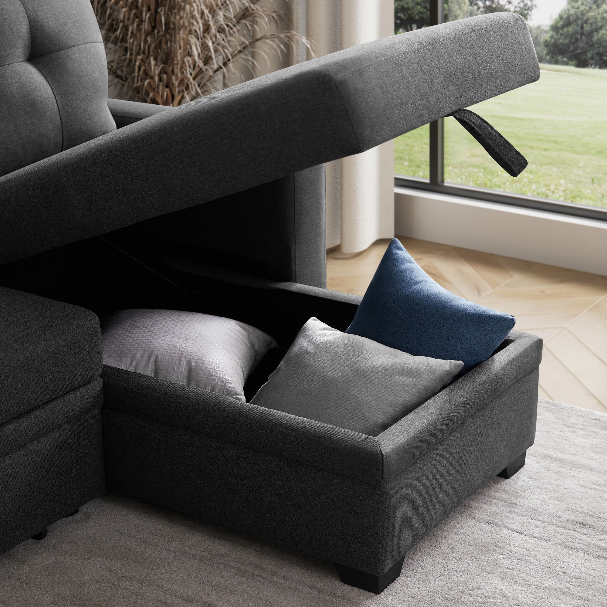 BSHTI 82" 3-Seat Linen Pull Out Sectional Sleeper Sofa with Storage Chaise, Removable Back Cushions for Living Room（Dark Gray）