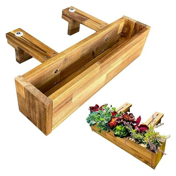 Wood Railing Planter Box - 20 Inch Outdoor Hanging Planters - Teak Finish Deck Railing Planters for Porch, Balcony, Flowers, Plants