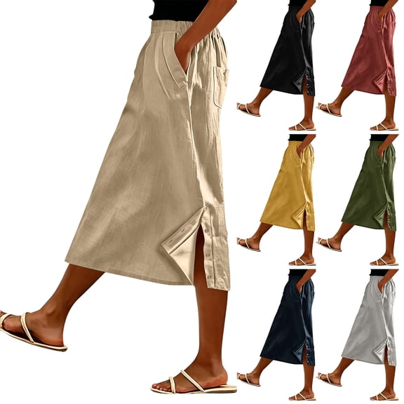 Junboys Women's Cotton Linen Midi Skirt with Pockets - Side Slit Flowy Summer Skirts for Women, Breathable Casual Skirt for Beach & Work,Army Green L