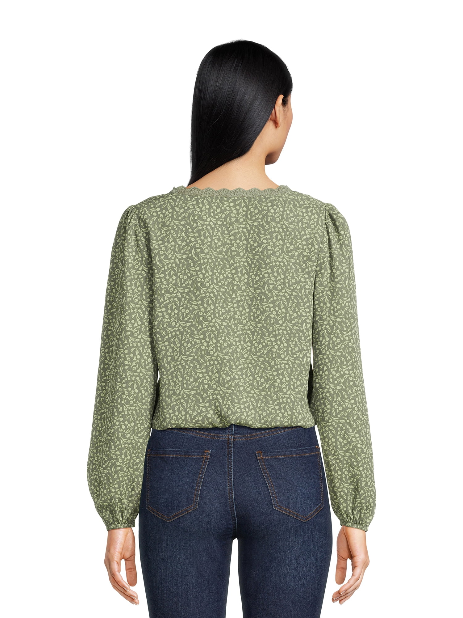 Self Esteem Juniors Square Neck Lace Trim Top with Long Sleeves, Sizes S-XL