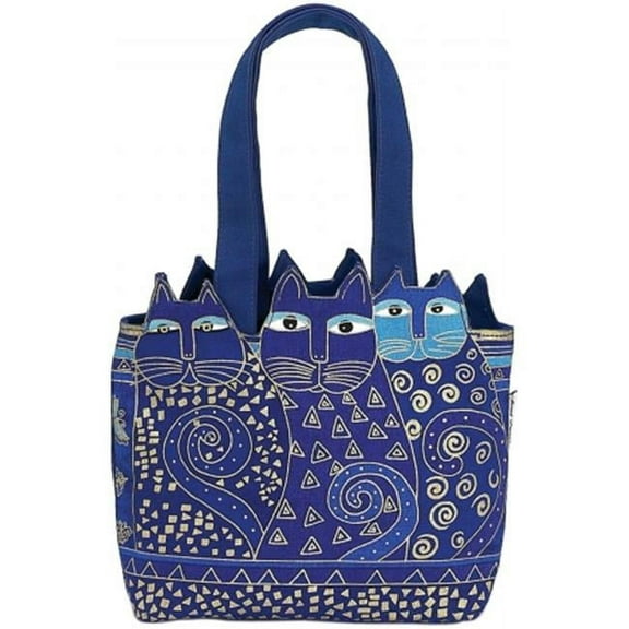 Laurel Burch Medium Tote Zipper Top 12"X3.5"X8.5"-Tres Gatos - Blue & Gold