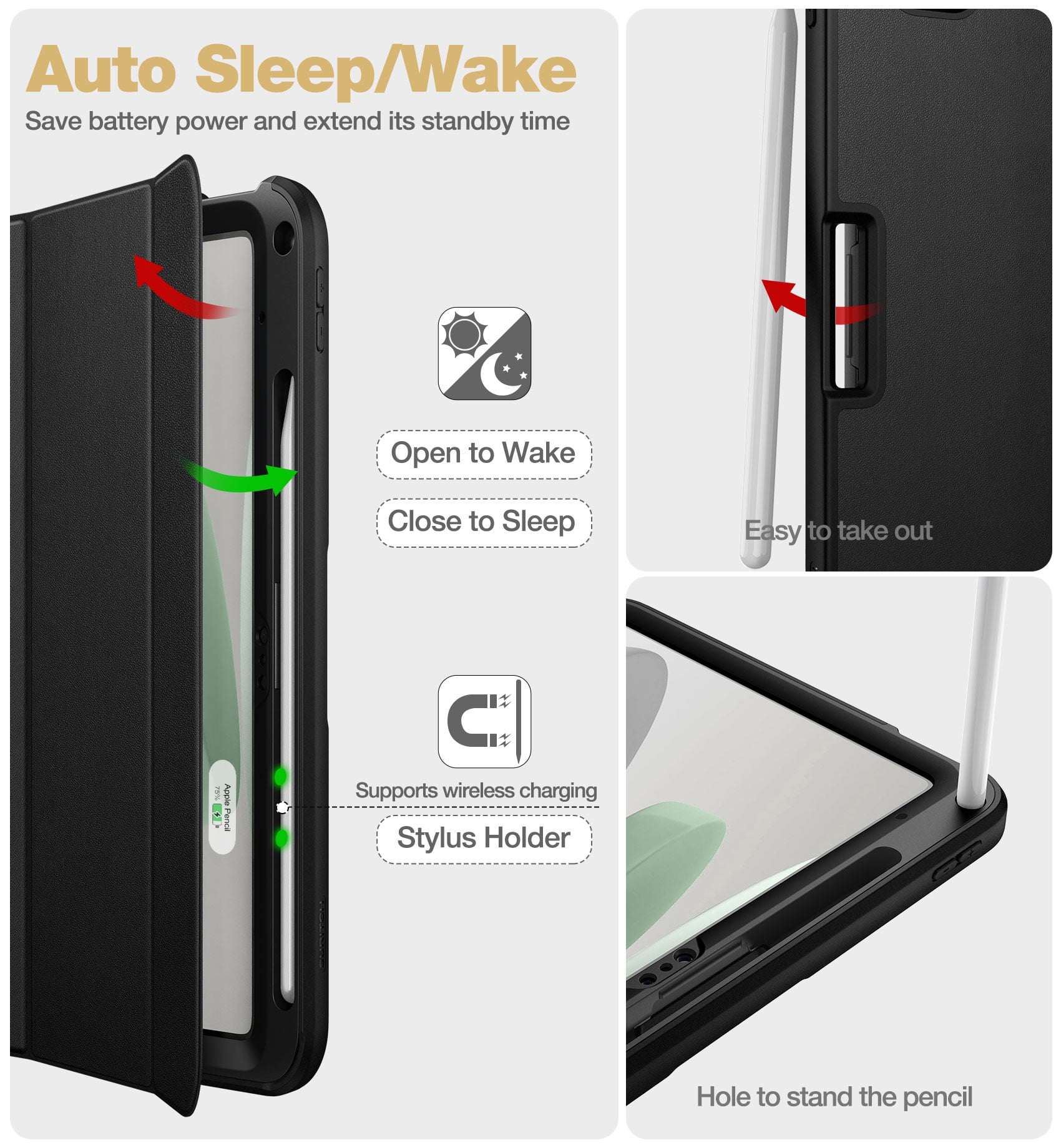 Suritch Case for iPad A16 11th Gen 11 inch 2025/iPad 10th Gen 10.9 inch with Screen Protector and Pencil Holder Tri-fold Stand Auto Wake/Sleep, Black