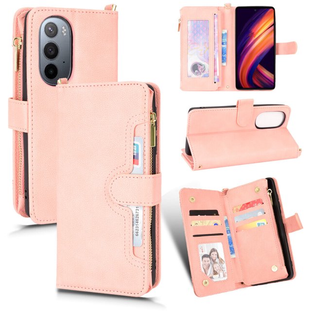 Case for Motorola Edge X30 Cover Zipper Magnetic Wallet Card Holder PU Leather Flip Case - Pink