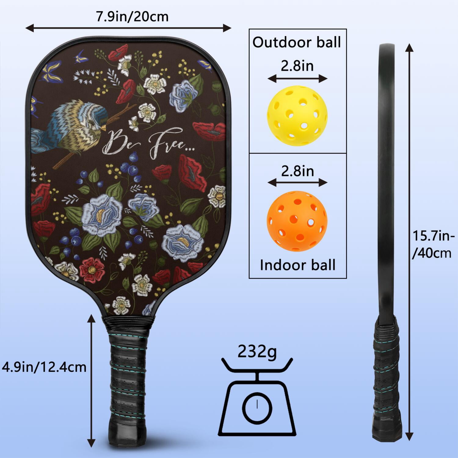 Pickleball Paddles Set Of 2, Fiberglass Surface, Vintage Floral Print, 4 Balls & Bag