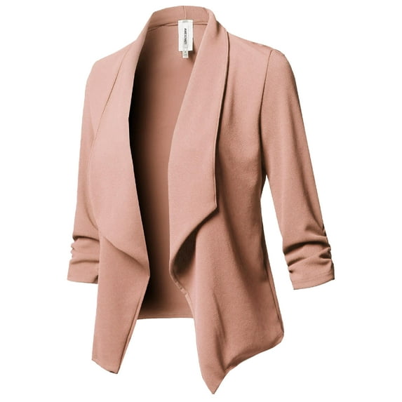 FashionOutfit Women's Stretch 3/4 Gathered Sleeve Open Blazer Jacket