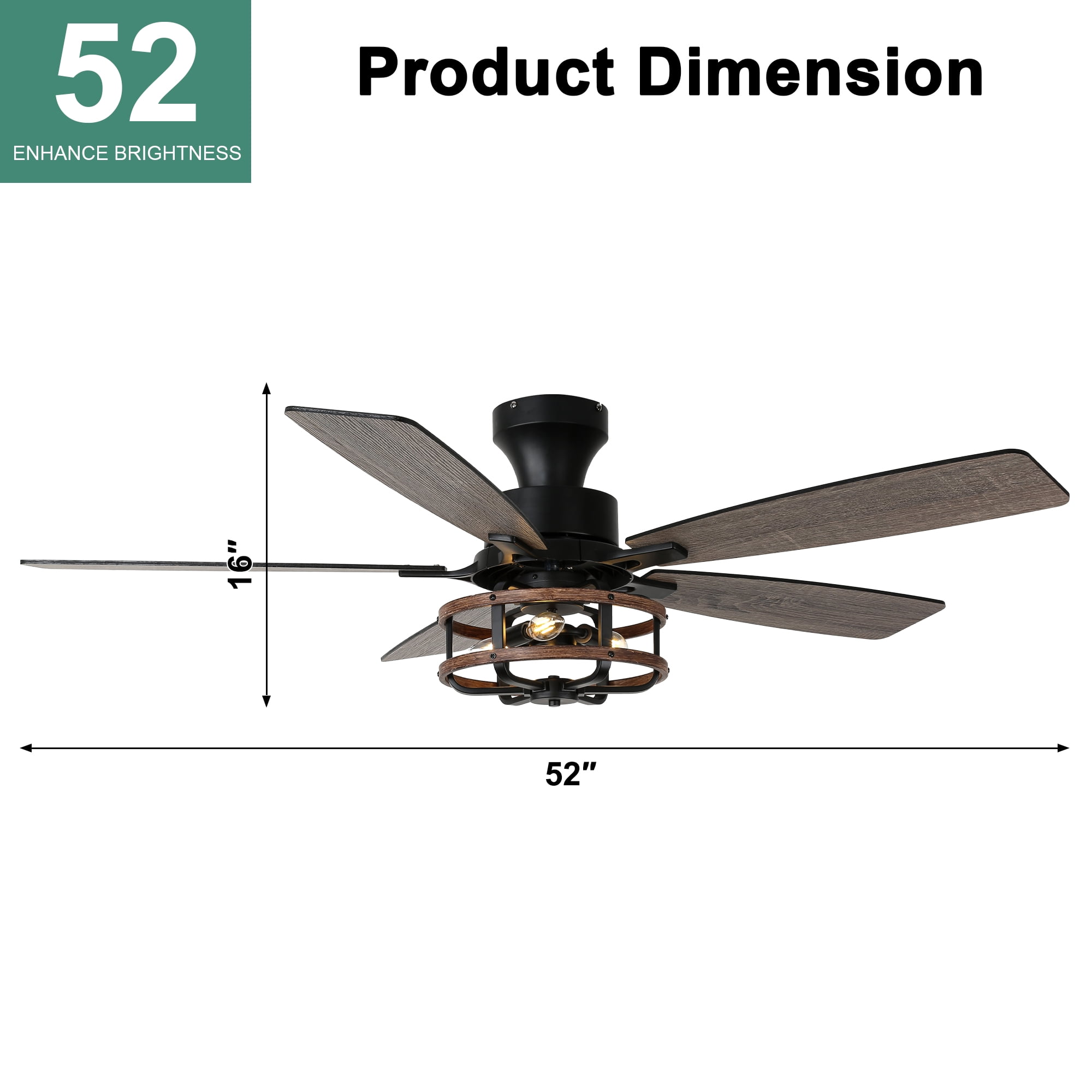 Cusp Barn 52 inch Black Farmhouse Industrial Flush Mount Ceiling Fan with Lights and Remote, 6 Speeds Low Profile Ceiling Fan