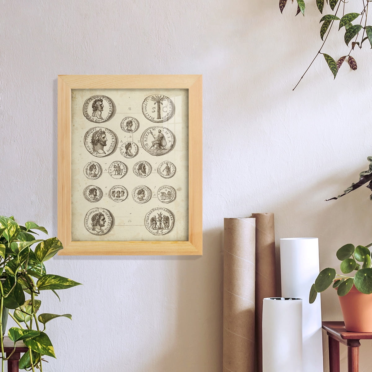Antique Roman Coins IV -Framed Print w/glass-Natural Wood