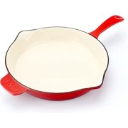 Lava Light-Colored Sand Enameled Cast Iron Skillet with Side Drip Spouts - 12 inch Round Frying Pan with Glossy Sand-Colored Three Layers of Enamel Coated Interior (Red)