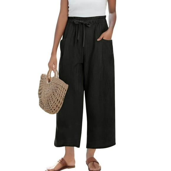 FNFYFH Clearance Womens Wide Leg Pants with Pockets Drawstring Cotton Linen Pant Solid Palazzo Trousers,Black