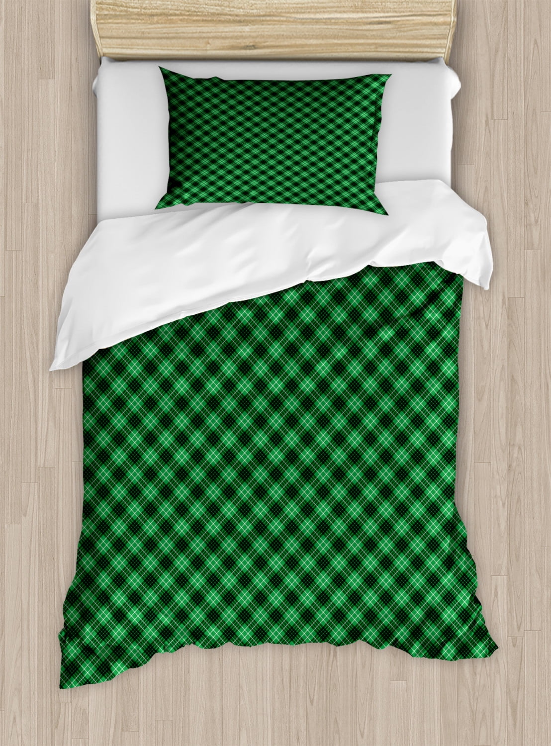 Plaid Twin Size Duvet Cover Set, Diagonal Tartan Vibrant Green Color Geometrical Design with