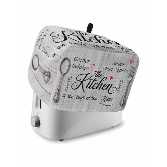 Grey Retro Art Toaster Cover 4 Slice, Large Kitchen Appliance Covers, Spoon Fork Vintage Farmhouse Wooden Toaster Oven Cover with Loop, Bread Machine Cover Polyester Dust Cover Protection