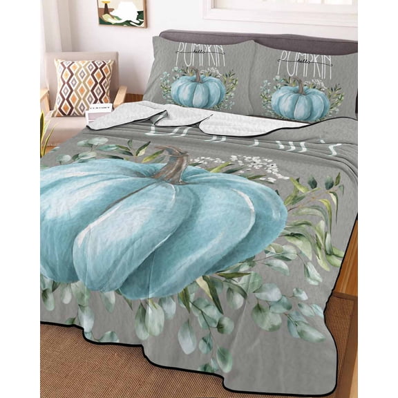 Blue Pumpkins Fall Full Size Down Alternative Comforter, Lightweight Comforter Quilt Bedding Set with Pillow Shams Grey Thanksgiving Botanical Leaves All Seasons Bed Comforter Duvet Insert 78"x90"