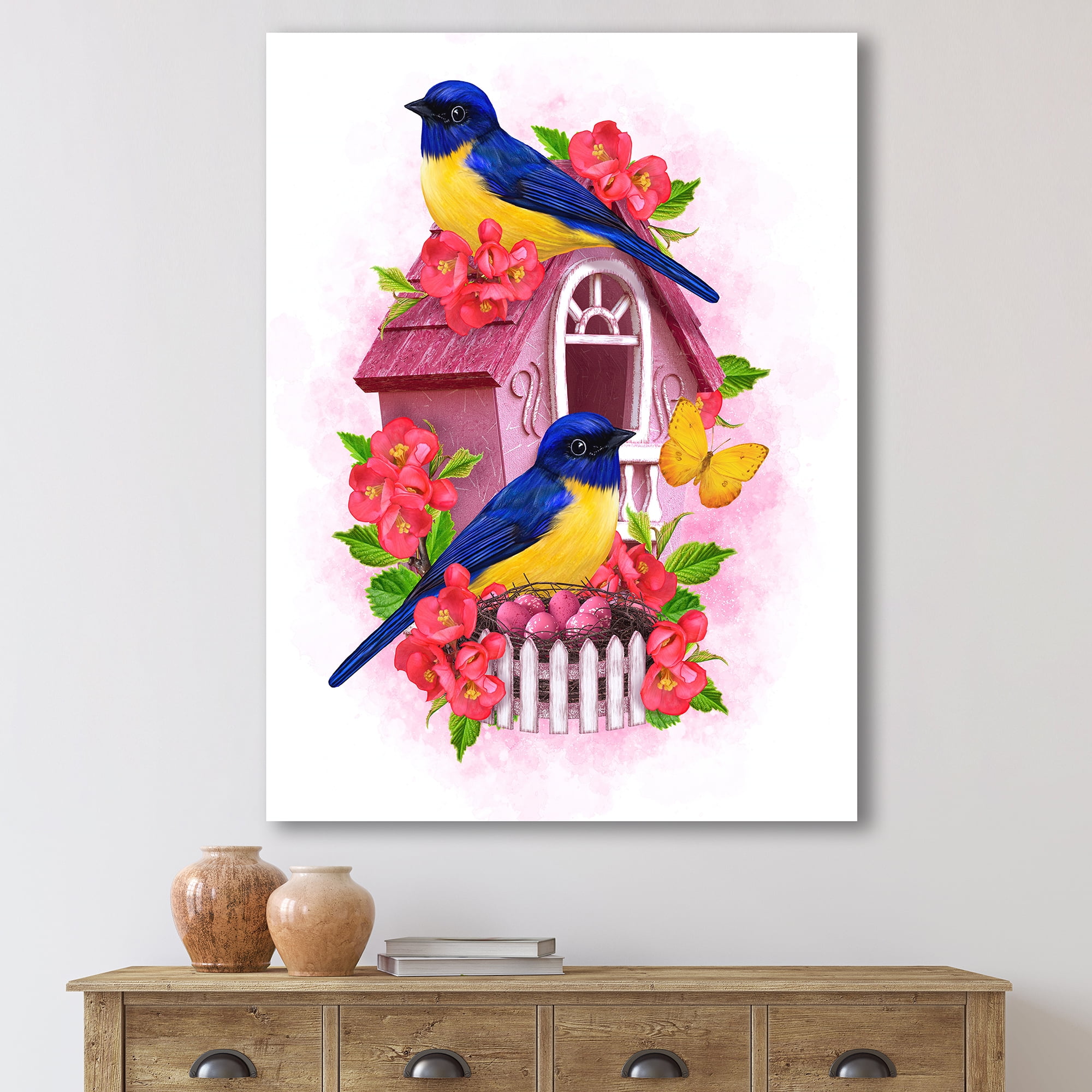 Designart ' Two Yellow and Blue Tit Birds Sitting Near The Nest ' Traditional Canvas Wall Art Print