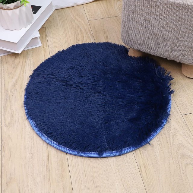 Navy Round Rug Faux Fur Sheepskin Area Rugs Fluffy Plush Carpet Washable Shaggy Mat for Dorm Preppy Room Decor, 1.3 ft