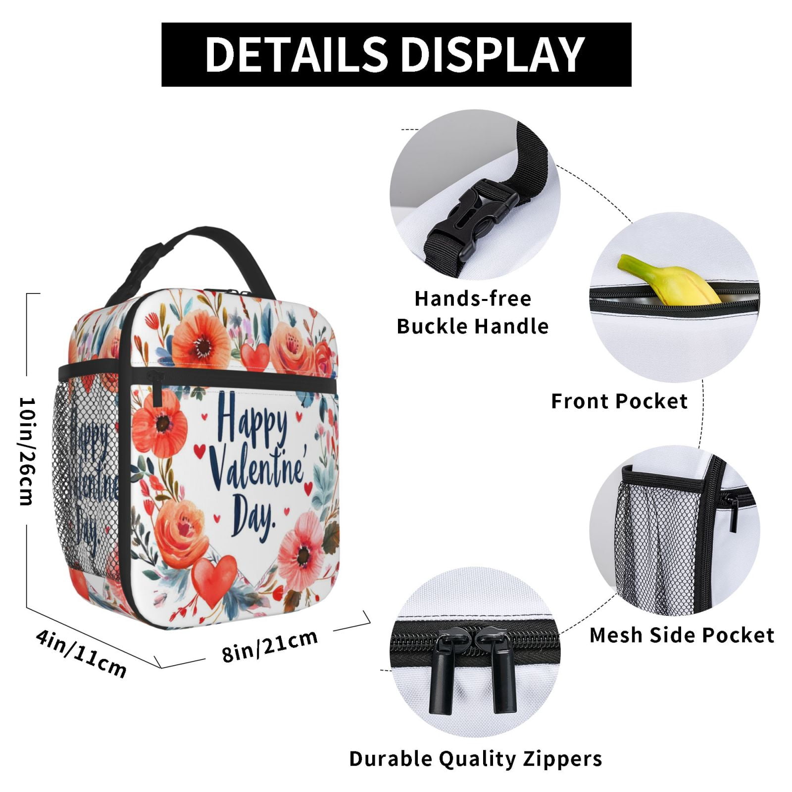 Lunch Bag For Women Men Insulated Portable Lunch Box Bento Box Office Picnic Travel Cooler Bag Valentine Day Flower