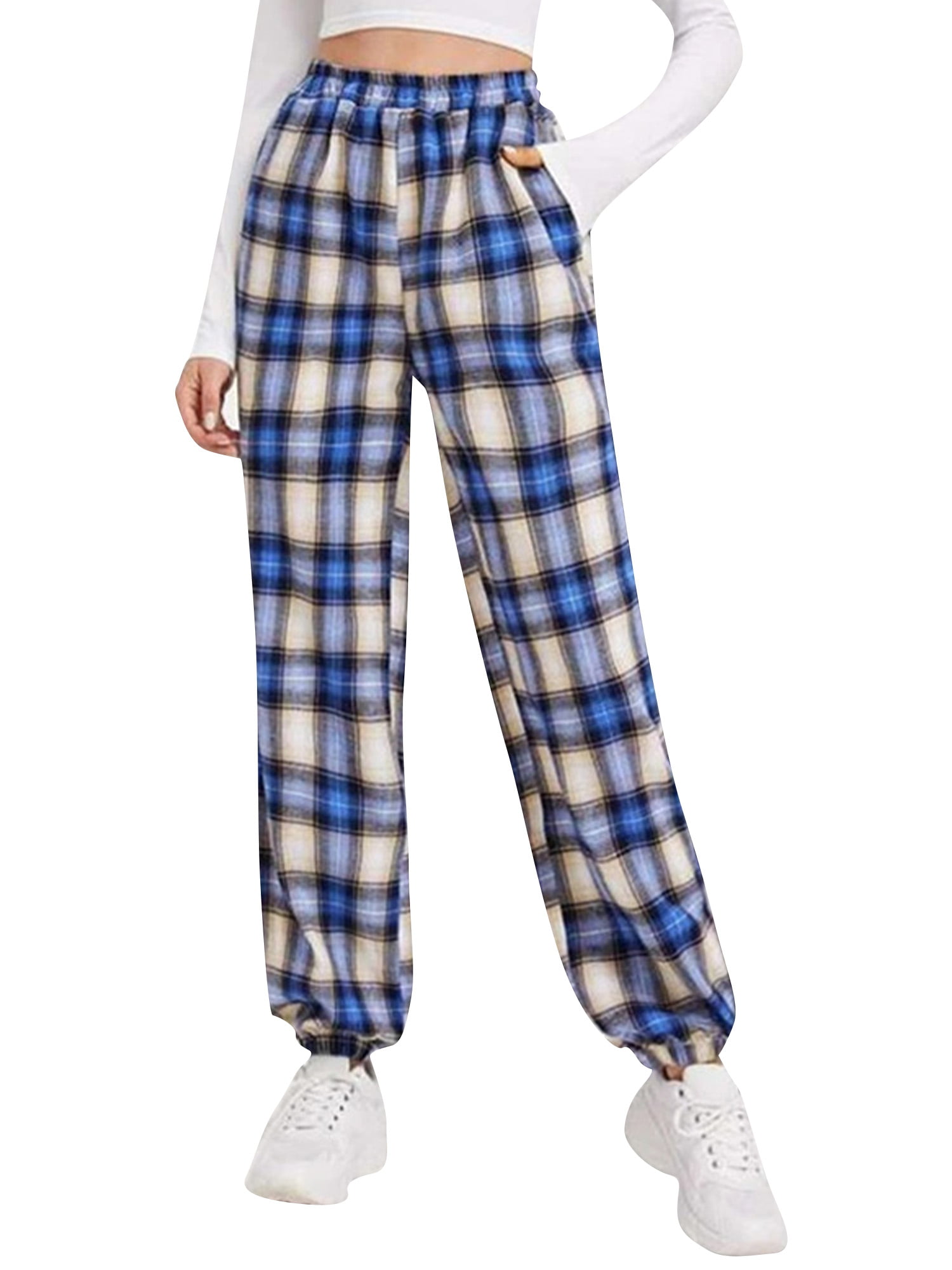 Womens Plaid Check Harem Joggers Trousers Ladies Casual Loose Tracksuit Bottoms
