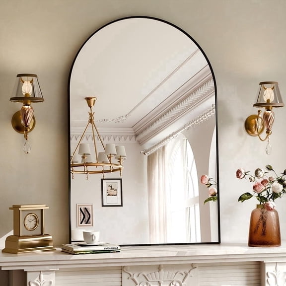 YVANLA 38"x26" Arched Bathroom Mirror Wall Mounted Mirror with Aluminum Alloy Frame, Black