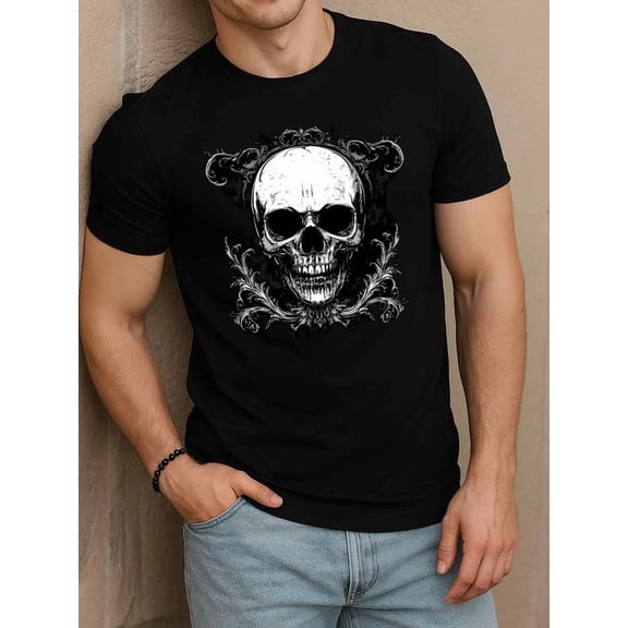 Greenink Vintage Skull Gothic T-Shirt men's t-shirts black graphic graphic tees Summer wear Vintage-inspired, comfortable fit Funny Unisex Shirt Cotton tshirts