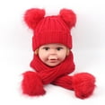 thumbnail image 2 of Toddler Kids Winter Warm Ribbed Knit Beanie Hat with Long Scarf Set Solid Color Cute Double Pom Pom Ear Cuffed Skull Cap, 2 of 10