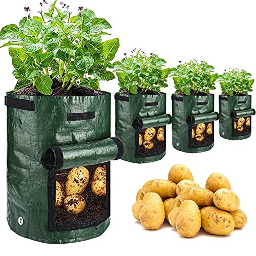 Potato Grow Bags,4 Pack 10 Gallon with Flap and Handles Planter Pots for Onion,Fruits,Tomato,Carrot - Green