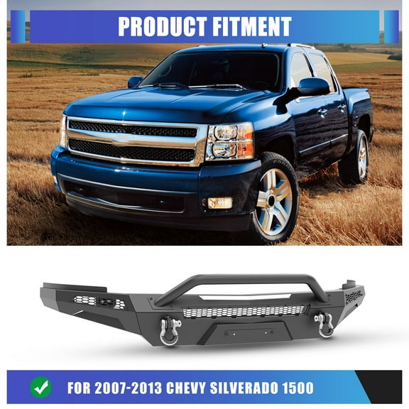 Front Bumper Bull Bar Fit for 2007-2013 Chevrolet Silverado 1500 w/D-Ring Shackles