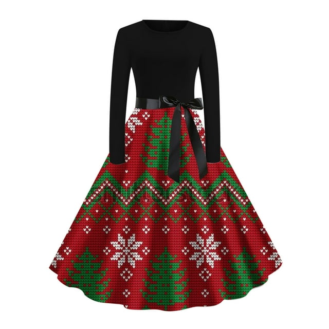 Birdeem Robe de Noël Imprimée pour Femmes Col Rond Manches Longues Grande Mode