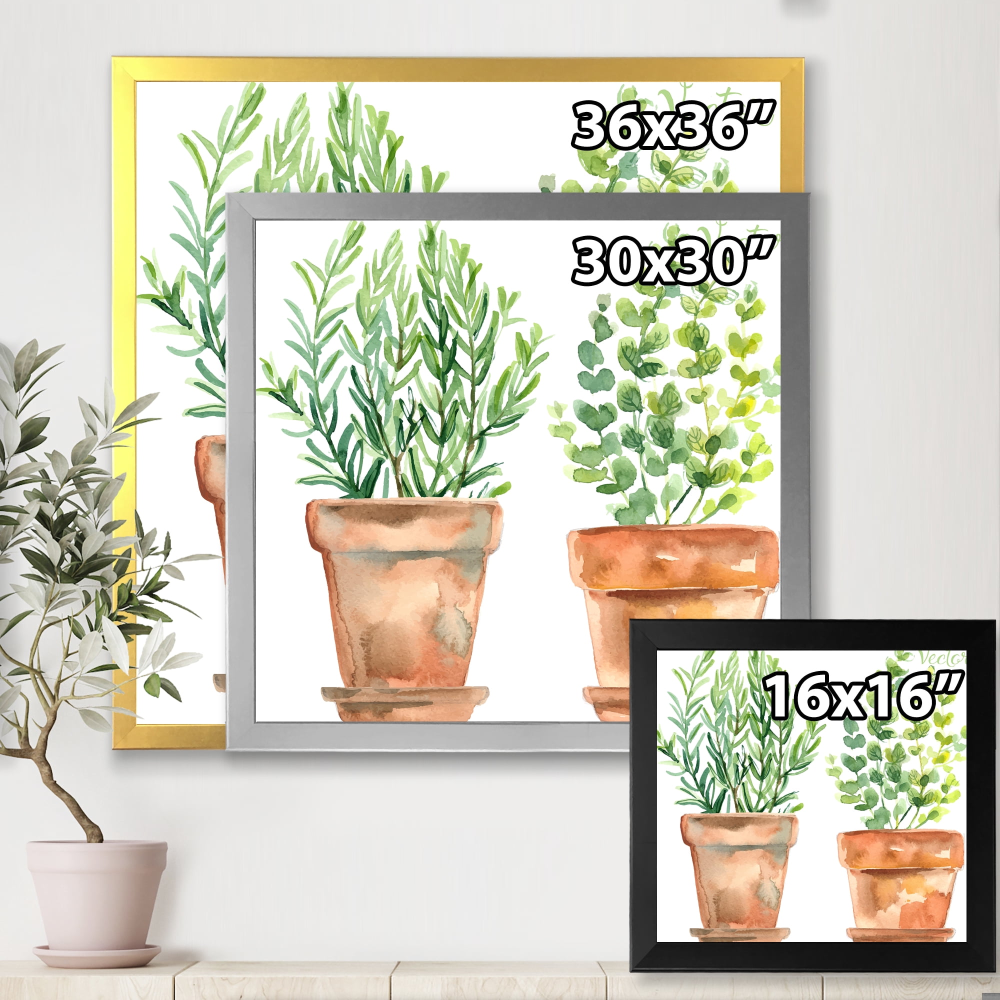Designart 'Two Green House Plants In Orange Cly Pots' Traditional Framed Art Print