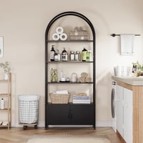 Huloretions 4 Tier Bookcase with Door, 71.5" Tall Arched Display Racks, Metal Frame Freestanding Bookshelves for Bedroom Living Room Home Office