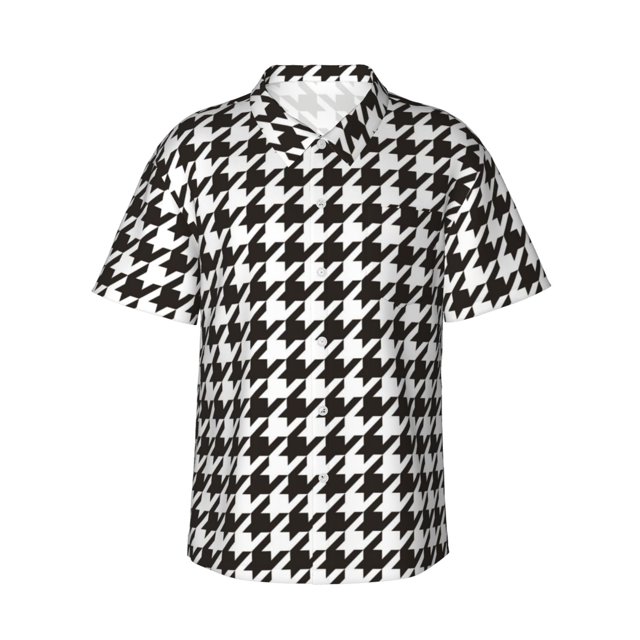 Balery Houndstooth Black And White Camisas hawaianas de manga corta para hombre, camisas playeras de corte holgado, camisas de vacaciones con botones,Small