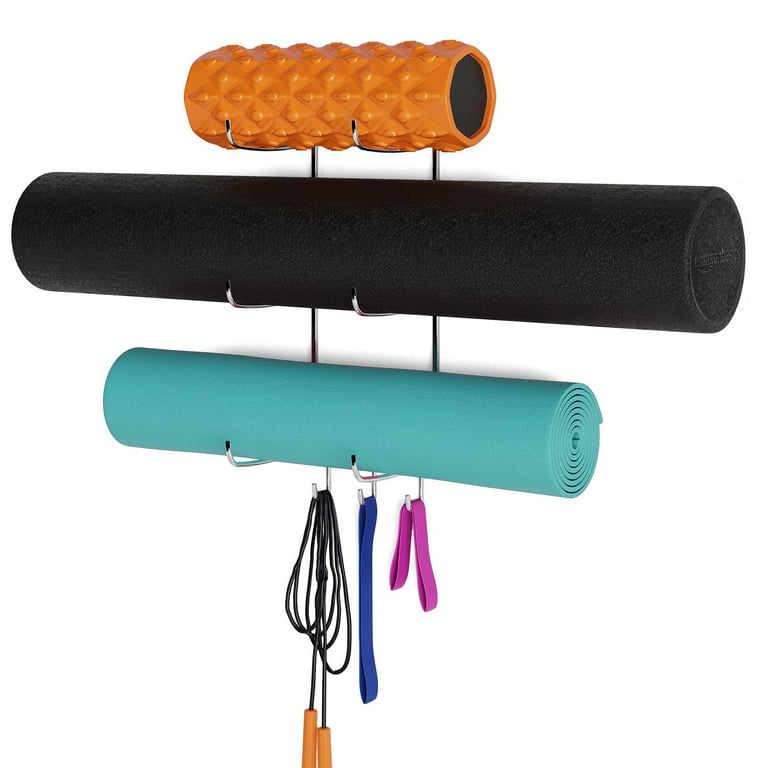 Wallniture Guru 3 Tier Wall Yoga Mat Holder Foam Roller Hanger Yoga Mat Rack  with Hooks for Hanging Towel Fitness Equipment, Metal, Chrome 