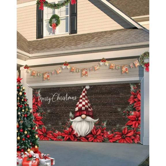 Garage Door Banner Cover 6 x 13 ft, Merry Christmas Poinsettia Red Gnome Brown Wood Grain Christmas Garage Door Decorations Holiday Christmas Backdrop Decor for Winter New Year Xmas Party