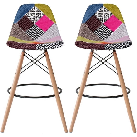2xhome - Set of 2 Multicolor - 29" Seat Height Modern Upholstered Fabric Bar Stool Barstool Counter Stools with backs and armless Natural Legs Wood Eiffel Legs Dowel-Leg