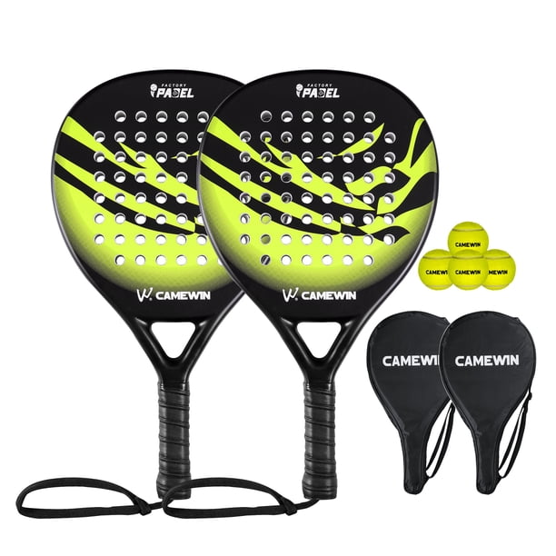CAMEWIN 2 Palas de Pádel con Fundas, 2 Raquetas y 4 Pelotas,Kit de Raquetas para Pádel Fabricadas 100% Fibra de Carbono y Núcleo de Espuma Flexible de Memoria EVA, para Principiantes e Intermedios