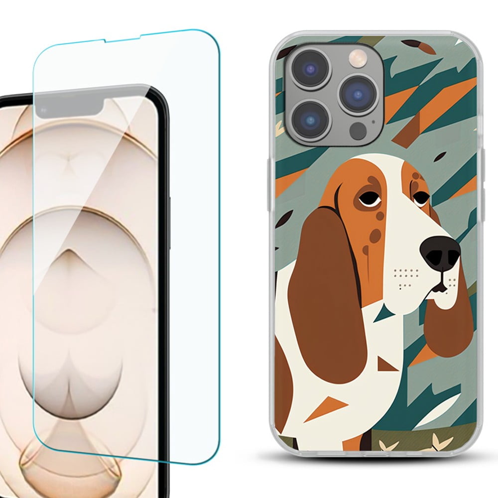 OneToughShield ® for iPhone 15 Pro Max Shockproof Fashion Phone Case with Tempered Glass Screen Protector - Basset Hound