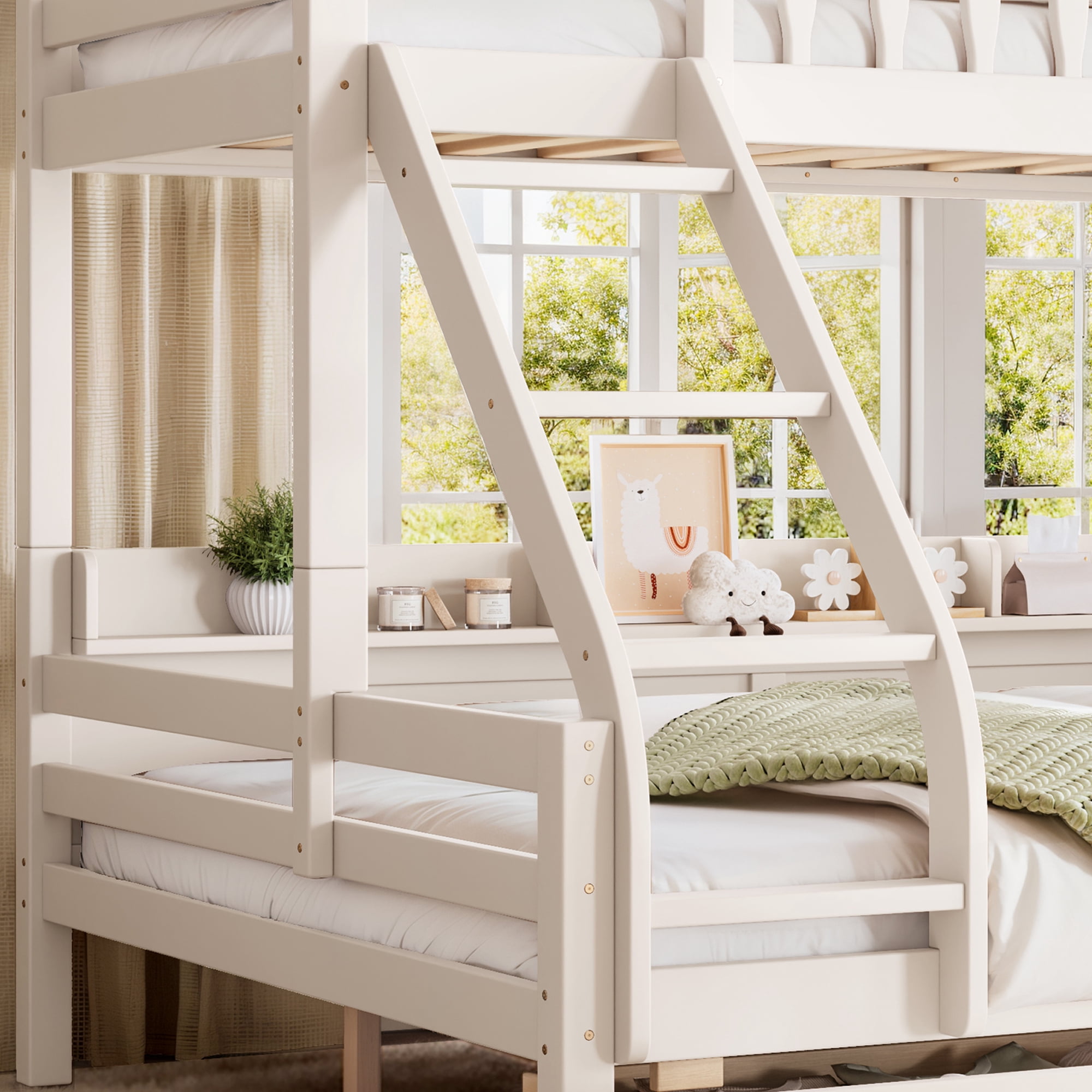 Leumius Twin XL over Queen Bunk Bed with Storage Drawers, Chic Curved Guardrail & Side Storage Shelves, Bunk Bed Frame with Ladder Beige