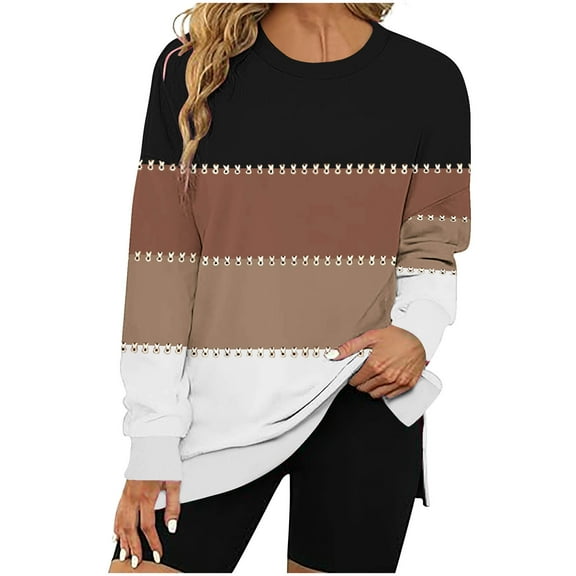DeHolifer Sweatshirts for Women Graphic Crewneck Strip Print Long Sleeve Fall Fashion Pullover Tops Brown S