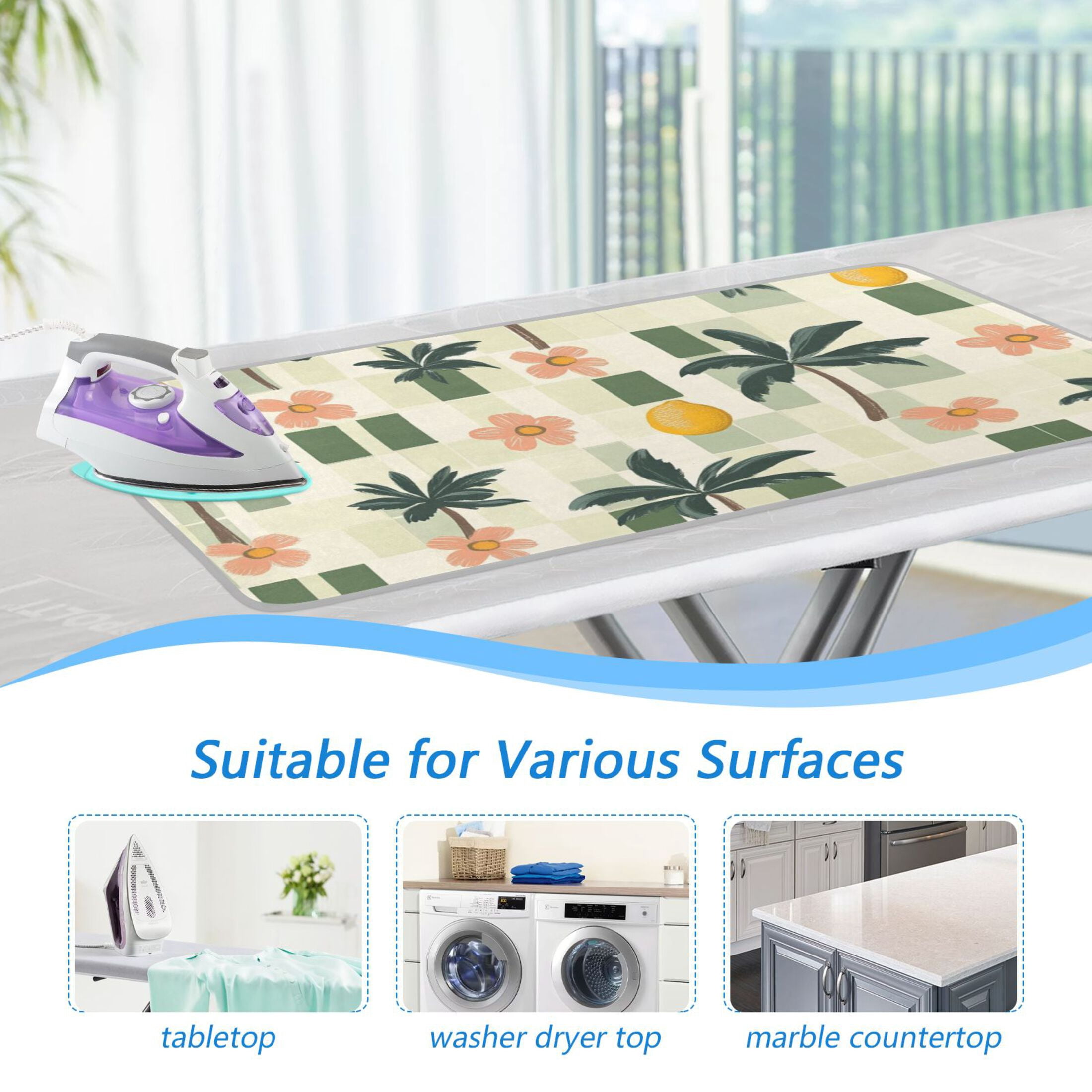 Green Plaids Trees Flowers Lemons Tropical Ironing Mat Blanket Portable Travel Ironing Pad Heat Resistant Pad 47.2" x 27.6”