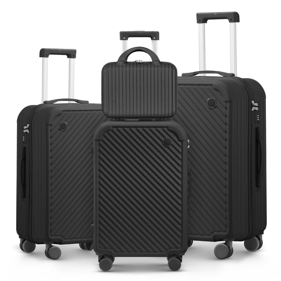 Luggage Set 4-Piece 14/20/24/28 Inch ABS PC Hard Shell Suitcase Spinner Wheels USB Charging & Cup Holder Travel Set, Black