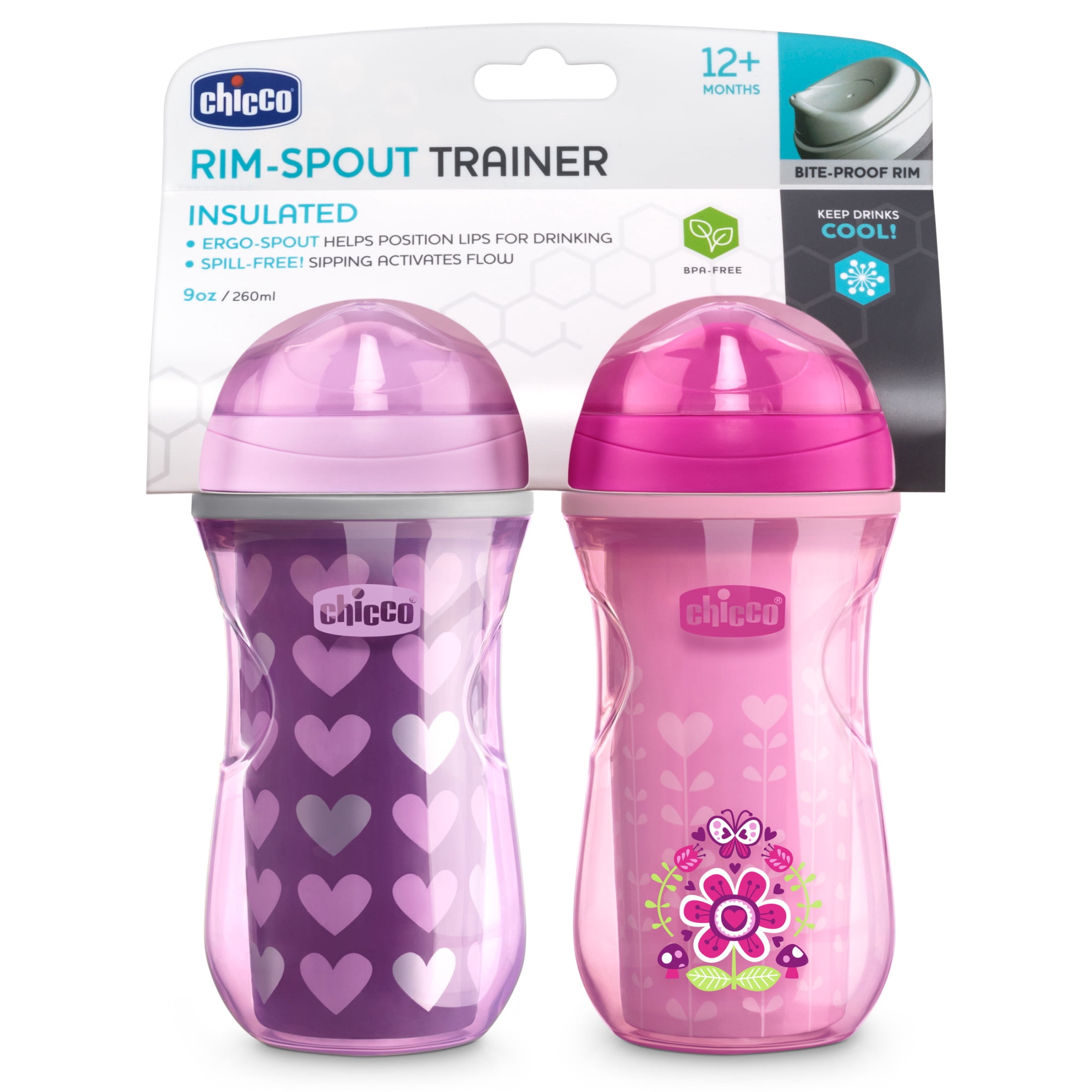 Chicco Insulated Rim Spout Trainer Cup 9oz Pink/Purple 12m+ (2pk)