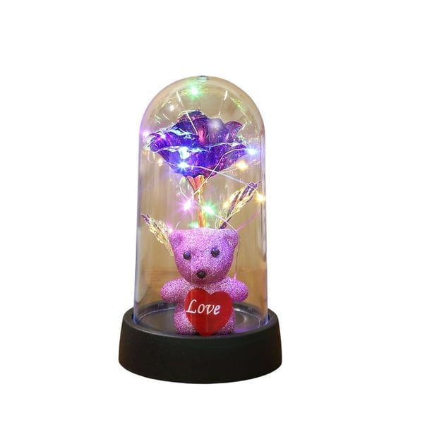 Specollect 1 Pcs Valentine's Day Rose Night Light, LED Preserved Flower in Dome with Bear Base, Romantic Home Decor Gift for Anniversary 8.5*15.5CM