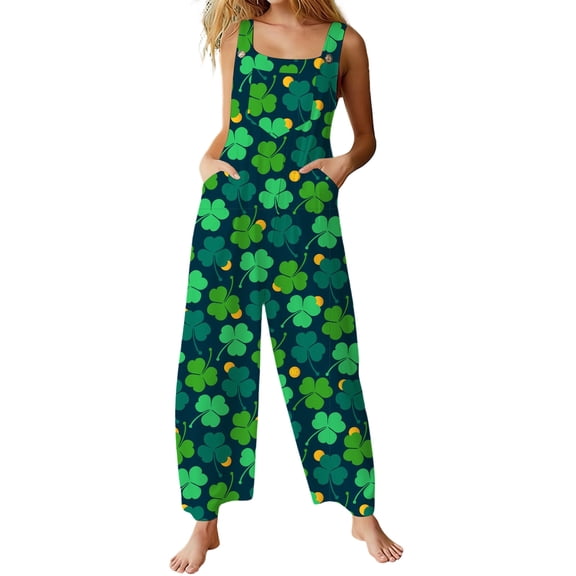 Gyujnb Women's St. Patrick's Day Jumpsuit - Navy Green Sleeveless Shamrock Print Wide Leg Romper with Side Pockets for Irish Festival & Casual Outings,3XL