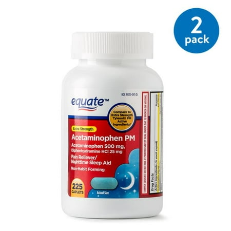 (2 Pack) Equate Extra Strength Acetaminophen PM Caplets, 500 mg, 225