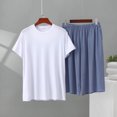 thumbnail image 2 of PIWHJQK 2 Pieces Men Pajama Set Elastic Waist Sleepwear Men's Solid Crew Neck Tee Elastic Pocket Shorts 2 Piece Pajama Men Sleepwear, 2 of 6
