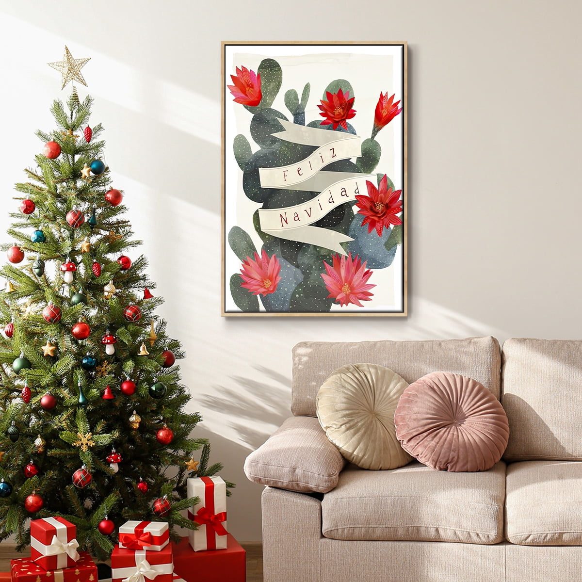Desert Christmas Cactus I - Framed Gallery Wrapped Holiday Canvas - 17 x 25 - Natural Wood Frame