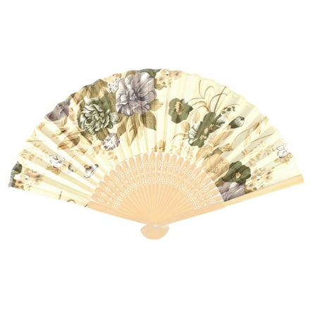 - Home Bamboo Frame Flower Pattern Chinese Style Dancing Folding Hand Fan Beige