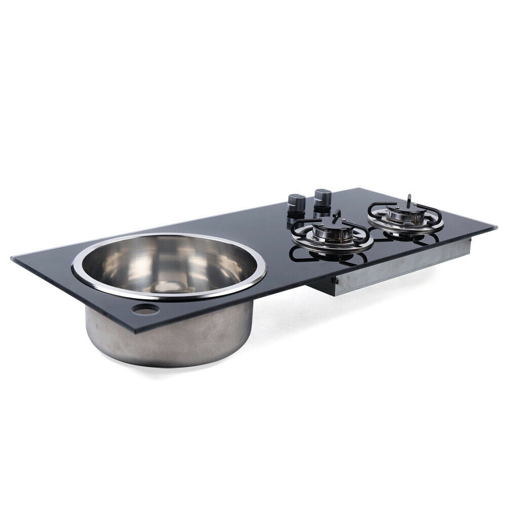 WUZSTAR 2 Burners Gas Camping Stove Hob Sink Combo for Boat Caravan RV Camper , Easy to Clean